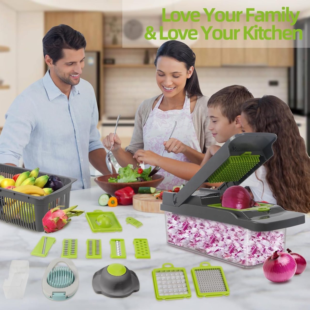 Vegetable Chopper | Veggie Chopper| 14 in 1 Multifunctional Food Chopper | Onions Chopper Mandoline Slicer | Rapid Vegetable Cutter Dicer | Kitchen Gadgets with 8 Stainless Steel Blade Drain Basket & Container