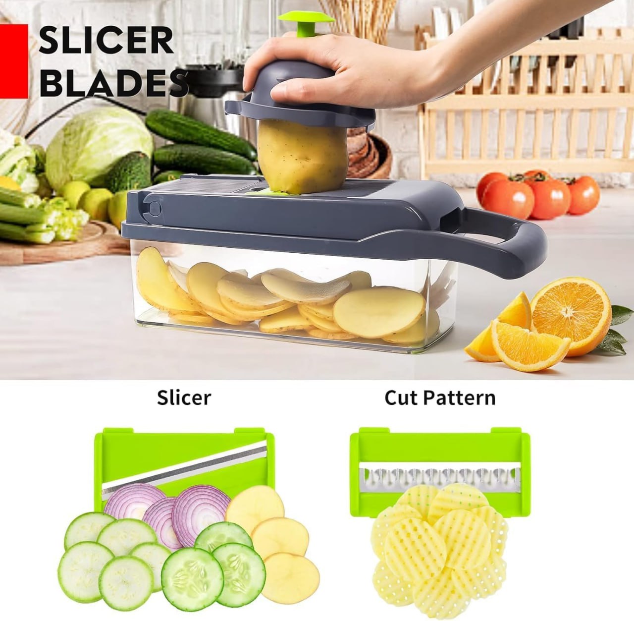 Vegetable Chopper | Veggie Chopper| 14 in 1 Multifunctional Food Chopper | Onions Chopper Mandoline Slicer | Rapid Vegetable Cutter Dicer | Kitchen Gadgets with 8 Stainless Steel Blade Drain Basket & Container