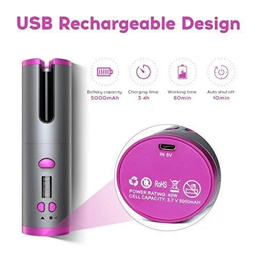 Hair Curler - Cordless Automatic Hair Curler Portable Curling Iron With LCD Temperature Display Fast Heating Auto Rotating Hair Curler USB Rechargeable For Travel Home, Grey and Pink