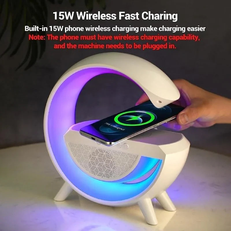 Wireless G Speaker with Wireless Charging, Desk Lamp Bedside Night Light, Smart Light, Sound Machine, and Bedroom Home Decor