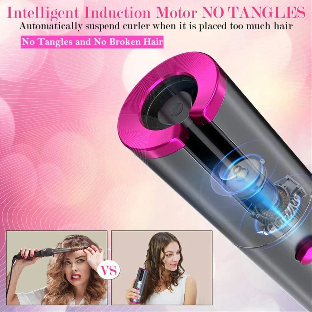 Hair Curler - Cordless Automatic Hair Curler Portable Curling Iron With LCD Temperature Display Fast Heating Auto Rotating Hair Curler USB Rechargeable For Travel Home, Grey and Pink