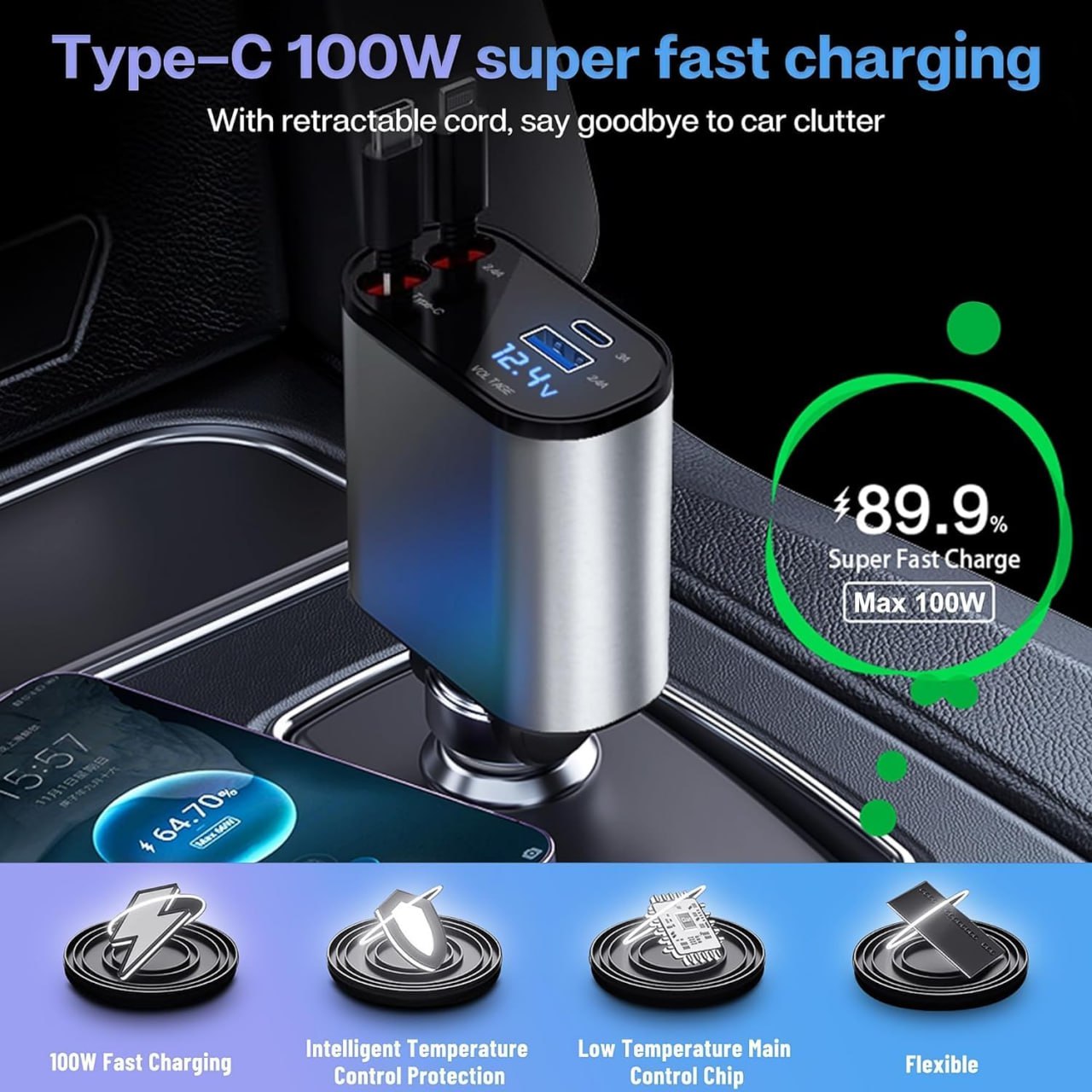 TrendTekk Retractable Car Charger 120W, 4 In 1 Fast Car Phone Charger, Retractable Cables, 2 USB Ports, Compatible With iPhone